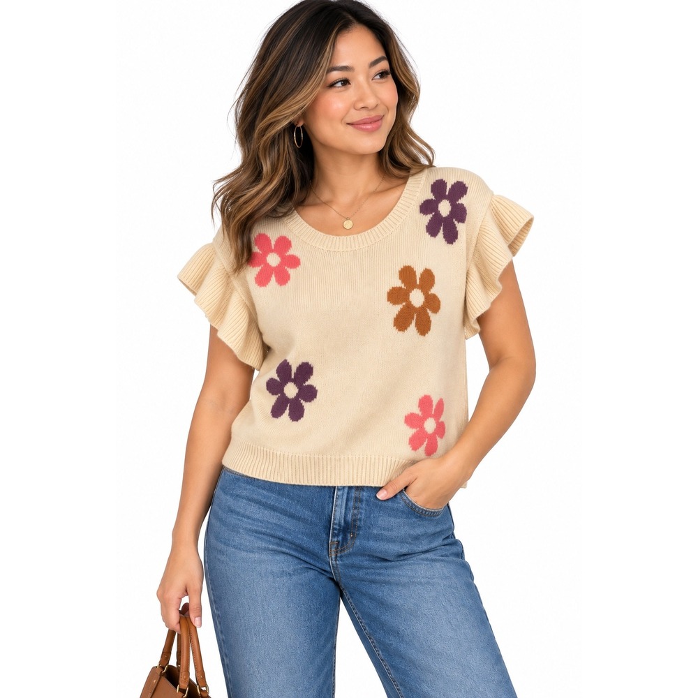 Gilli Cream Floral Ruffle Short Sleeve Sweater Top MWT6276G-1 Medium